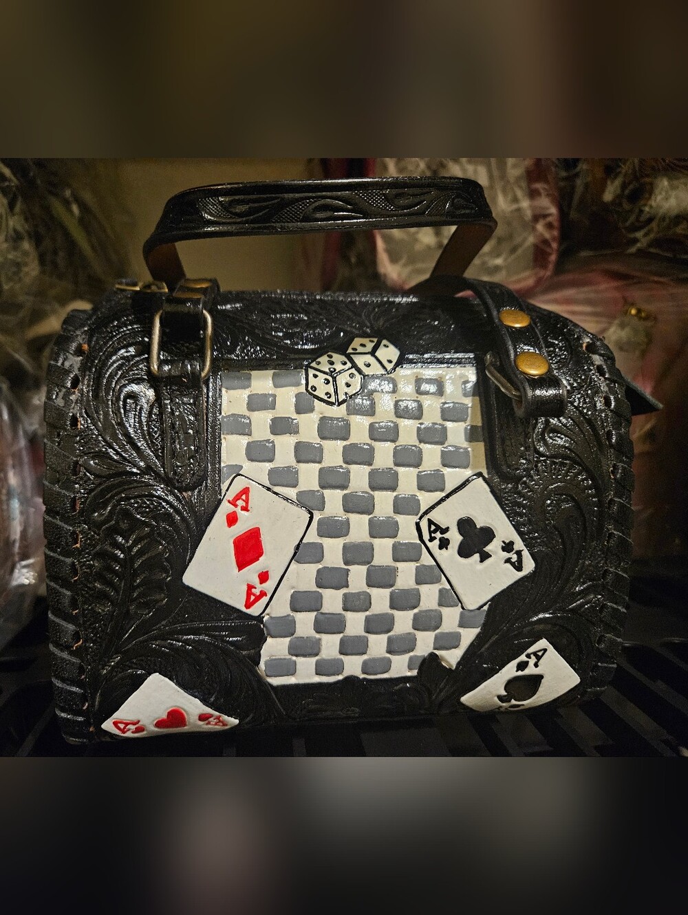 Black Embossed Poker Card Satchel with Dice Accent | Cards Speedy